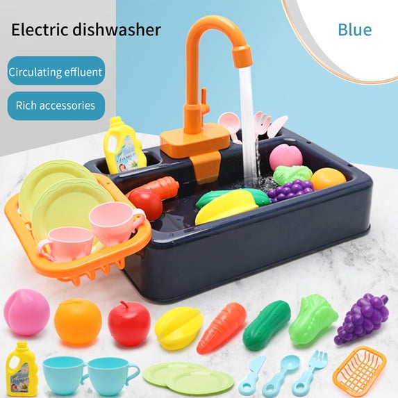 syligr Pretend Play Kitchen Toy for Toddlers Kids Age 3-6, Electric Dishwasher Sink Playset, Role Play Water Play Set with Fruits Vegetables Dishes, Christmas Birthday Gift for Boys Girls