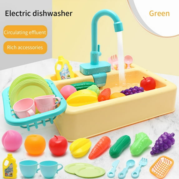syligr Pretend Play Kitchen Toy for Toddlers Kids Age 3-9, Electric Dishwasher Sink Playset, Role Play Water Play Set with Fruits Vegetables Dishes, Christmas Birthday Gift for Boys Girls