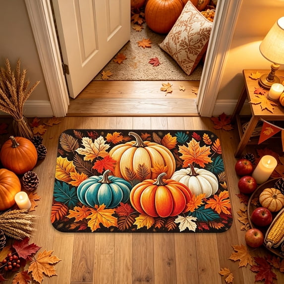 syligr Pumpkin Maple Leave Fall Rugs for Outdoor Front Door, Halloween Doormat for Indoor Entryway Kitchen, Autumn Harvest Welcome Floor Mat for Home, Thanksgiving Non-Slip Mat, 16x24 Inch