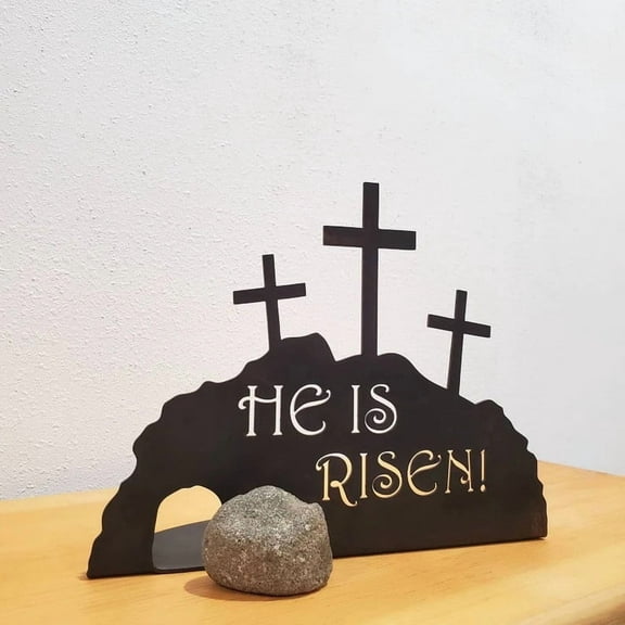 syligr He Is Risen Easter Scene Decor, Empty Tomb Religious Resurrection Figurine, Metal Art with Patina Finish for Tiered Tray Holiday Home Tabletop Mantel Display and Decoration