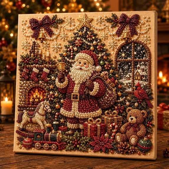 syligr Santa & Gift Christmas Diamond Art for Adults, Vintage Christmas Pearl Art Kits, DIY Pearl Diamond Kit, Winter Bead Crafts Ornament, Xmas Party Decorations for Mantel, Unique Gift/Favors