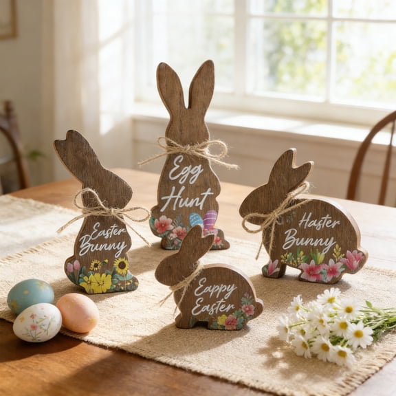 syligr Set of 4 Wooden Easter Rabbit Figurines Rustic Holiday Tabletop Decor Wood 4 Inch Natural Khaki Cute for Living Room Dining Table Easter Basket Spring Festive Gift