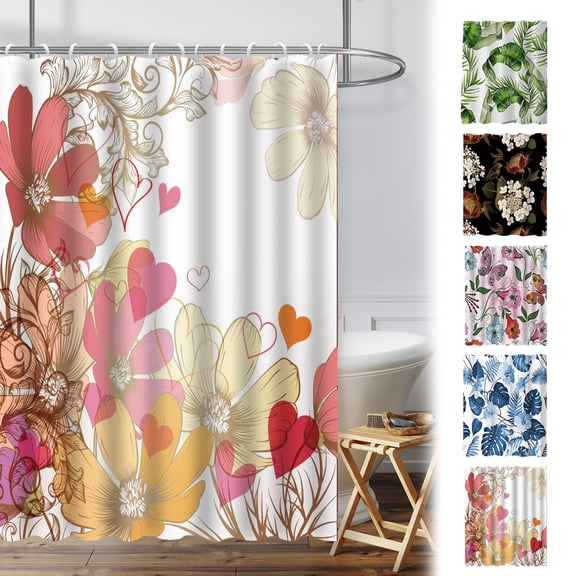 syligr Shower Curtain 72"x80" with Botanical Leaf Flower Pattern, Waterproof Mold Resistant Plastic with 12 Hooks Included, Tropical Jungle Style Bathroom Decor for Home Hotel Homestay