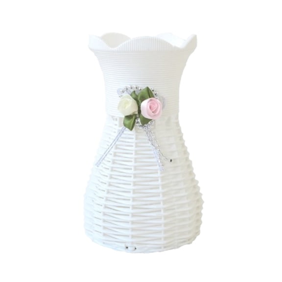 syligr Simulated Rattan Flower Vase, White Wicker Style Tabletop Vase 6.5x6.5x6.5in, Lightweight Unbreakable Container for Artificial or Dried Flowers, Home Decor for Living Room, Housewarming Gift