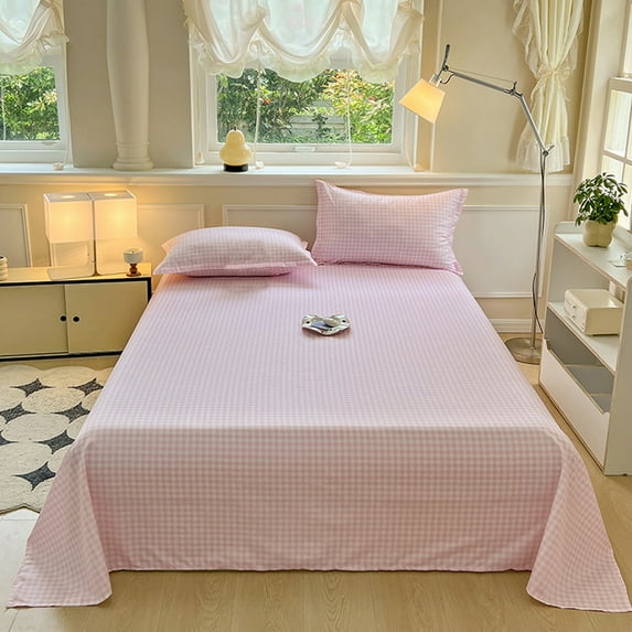 syligr Single Checkered Washed Cotton Flat Sheet 87x91 Inch, Solid Color Pattern King Size Bed Sheet - Hotel Luxury Wrinkle Free Bedding