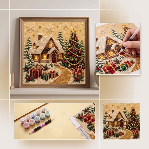 syligr Snow House Christmas Diamond Art for Adults, Vintage Christmas Pearl Art Kits, DIY Pearl Diamond Kit, Fairy Bead Crafts Ornament, Xmas Party Decorations for Mantel, Unique Gift/Favors