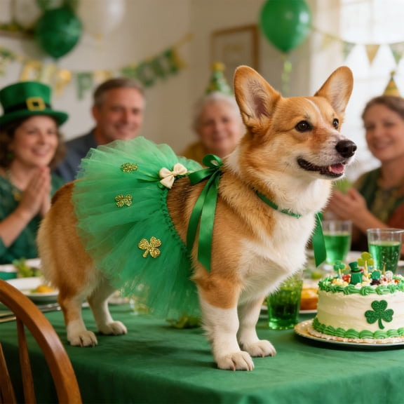 syligr St Patrick's Day Dog Costume Lace Skirt Bow Headband Irish Holiday Pet Outfit For Small Medium Dogs Party Photo Prop Parade Green White Gold Festive Dress Up Accessory