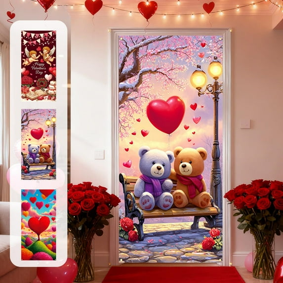 syligr Valentine's Day Door Cover 35x71 Inch - Polyester Door Curtain Wall Decoration for Holiday Party Festival Home Decor, Themed Welcome Sign with Heart Patterns Decor