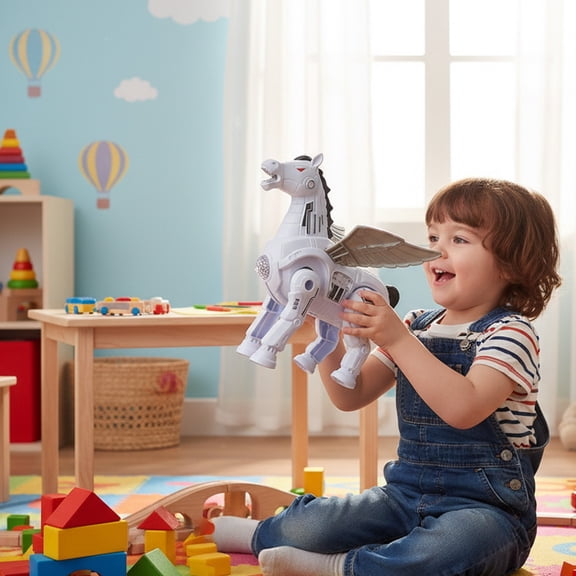 syligr Walking Pegasus Toy for Kids Ages 3+ Electronic Horse Robot Toys Plastic Material 7.9x7.3x6.7 Inch with Lights Music and Pull Rope Battery Powered Gift