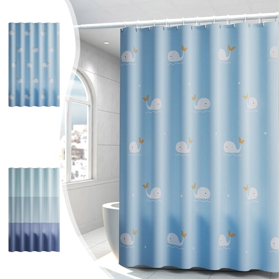 syligr Waterproof Shower Curtain 32x72 Inch with Whale Design and Gradient Light Blue Pattern, Mold Resistant Fabric, Kids Bathroom Decor with 7 Hooks