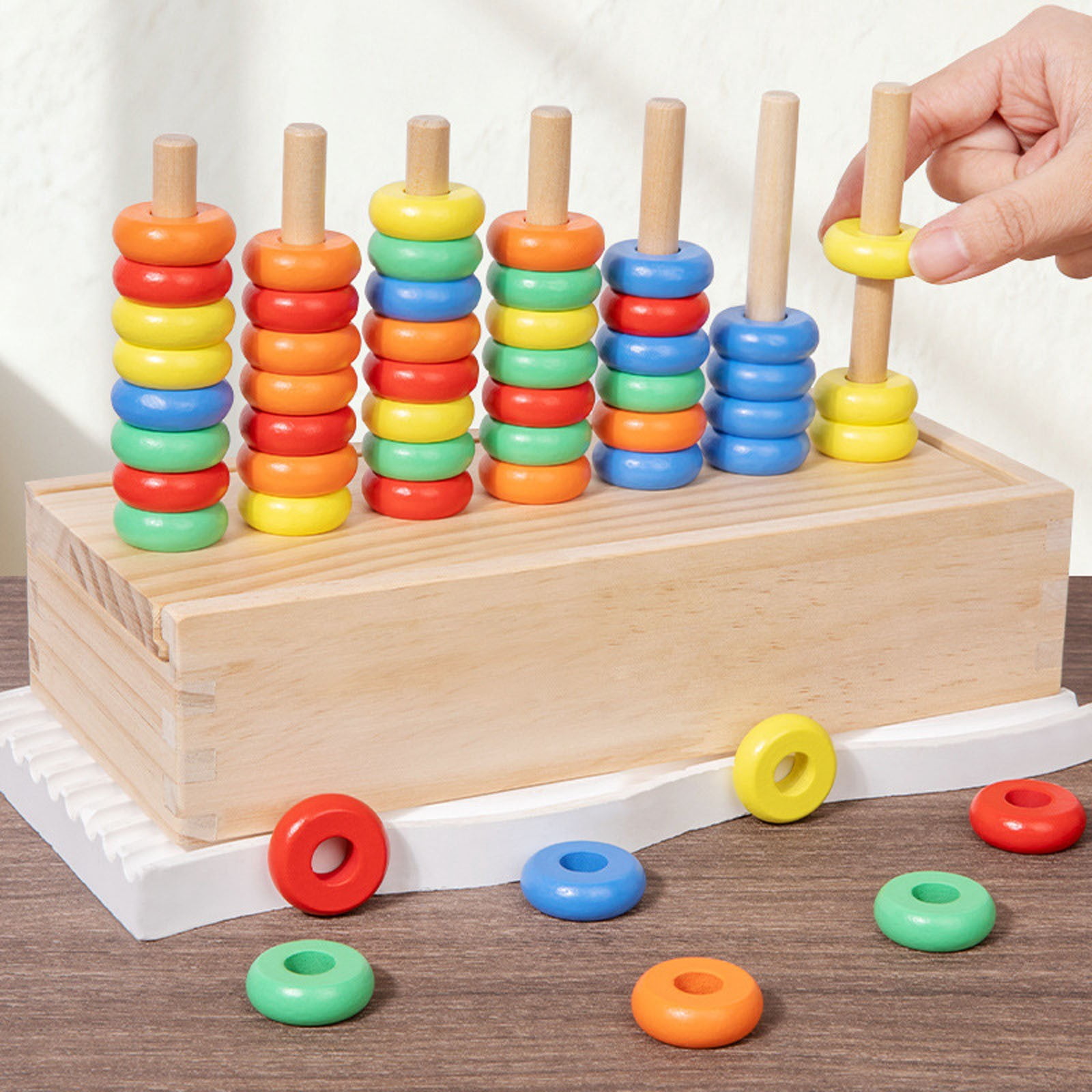syligr Wooden 5-Color Sorting Stacking Rings Toy Rainbow Nesting ...