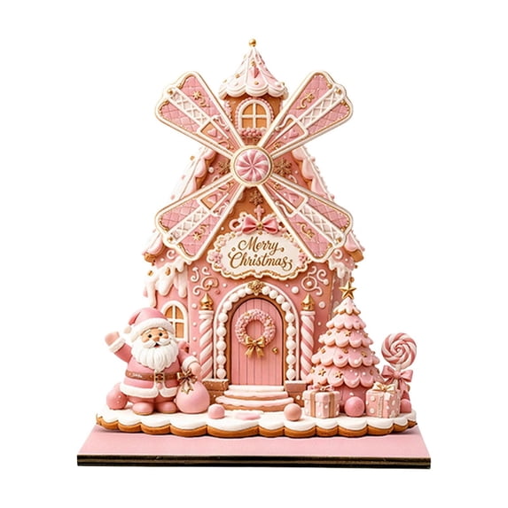 syligr Wooden Christmas House Ornament, Gingerbread Windmill House Christmas Tabletop Decoration for Mantel Shelf, Holiday Home Decor for Office, Party Gift, 6Inch, Pink
