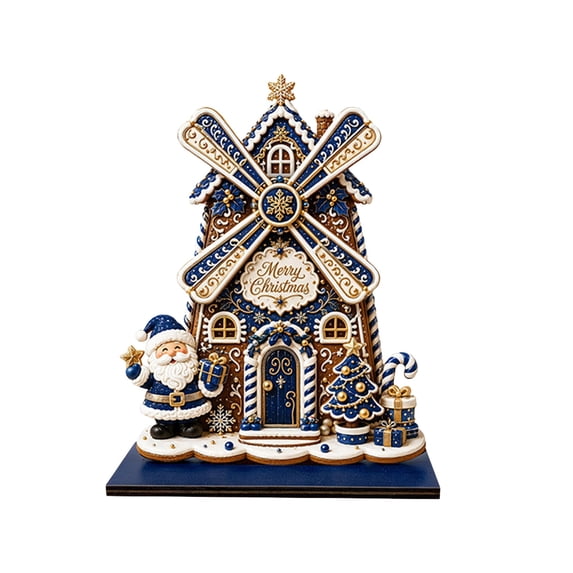 syligr Wooden Christmas House Ornament, Gingerbread Windmill House Christmas Tabletop Decoration for Mantel Shelf, Holiday Home Decor for Office, Party Gift, 6Inch, Blue