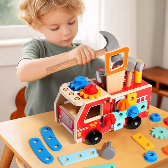 syligr Wooden Fire Nut Truck Disassembly and Assembly Toy Early Educational Puzzle for Kids Wood Multicolor with Screws and Tools Hands-On Learning for Toddlers Creative Gift