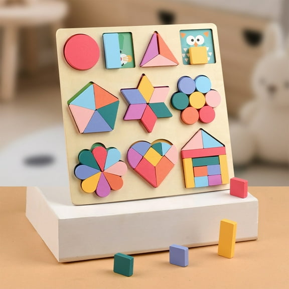 syligr Wooden Geometry Puzzle for Kids Ages 3-6 Montessori Shape Matching Board 9 Inch Wood Material Educational Math Teaching Gift for Boys Girls Preschool Learning