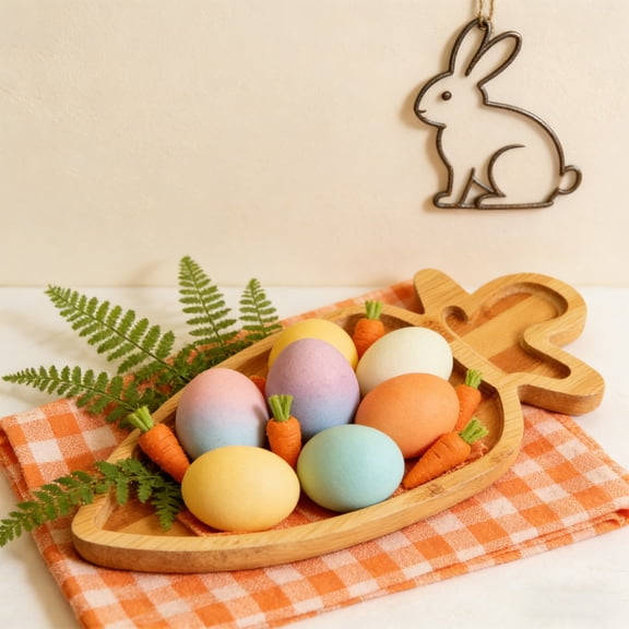 syligr Wooden Rabbit Carrot Shaped Serving Tray, 12x12 Inch Animal Snack Platter, Easter Fruit Plate, Natural Wood Grain, Rounded Edges, for Kids Party, Home Decor, Candy Dish