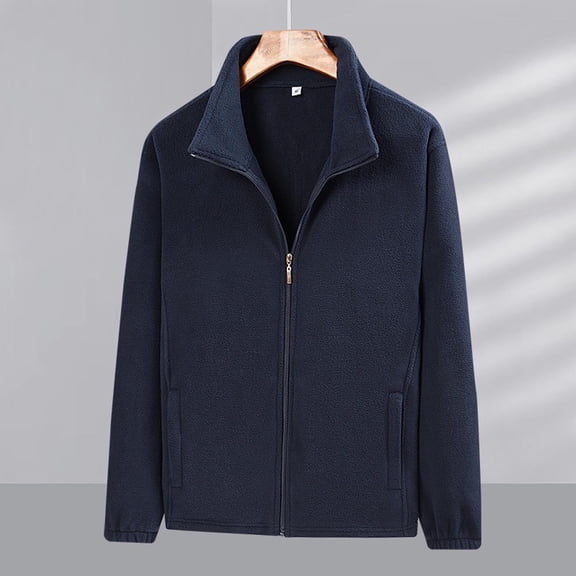 SYMOID Men's Big & Tall 4XL Dark Blue Fleece Jacket - Full-Zip Stand-Up Collar, 100% Polyester Soft Warm Fabric, 2 Side Pockets, Durable for Outdoor/Everyday Casual Wear