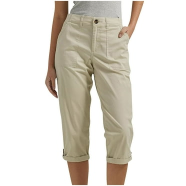 SYMOID Capris Pants for Women- Casual Solid with Pockets Blend Baggy with Toggle Wide Leg on Save Khaki Summer Pants for Women Size XL