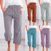 symoid Cotton Linen Capris Pants for Women- Casual Solid with Pockets Cotton Blend Baggy with Drawstring Wide Leg French Terry on Clearance Coffee Summer Pants for Women Size XL