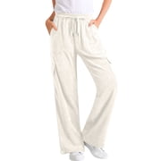 SYMOID Fall and Winter Womens Casual Pants with Pockets,Elastic Waist Wide Leg Pants,Baggy Trousers Pants for Women,White Pants,XL
