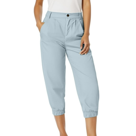 Symoid Womens Capris Dressy Casual 2025- Casual Solid with Pockets Cropped Pants Summer Womens Fashion Baggy Cuffed Joggers Capri Pants Light Blue