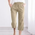 thumbnail image 1 of symoid Cotton Linen Capris Pants for Women- Casual Solid with Pockets Cotton Blend Baggy with Drawstring Wide Leg French Terry Clearance Khaki Summer Pants for Women Size XL, 1 of 5