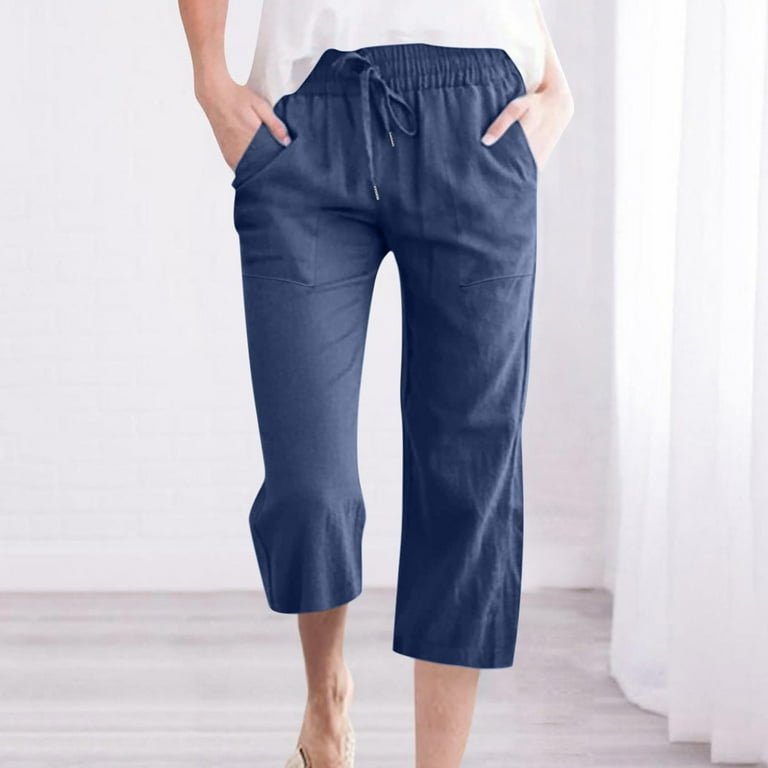 symoid Cotton Linen Capris Pants for Women- Clearance Casual Solid with  Pockets Cotton Blend Baggy with Drawstring Wide Leg French Terry Blue  Summer