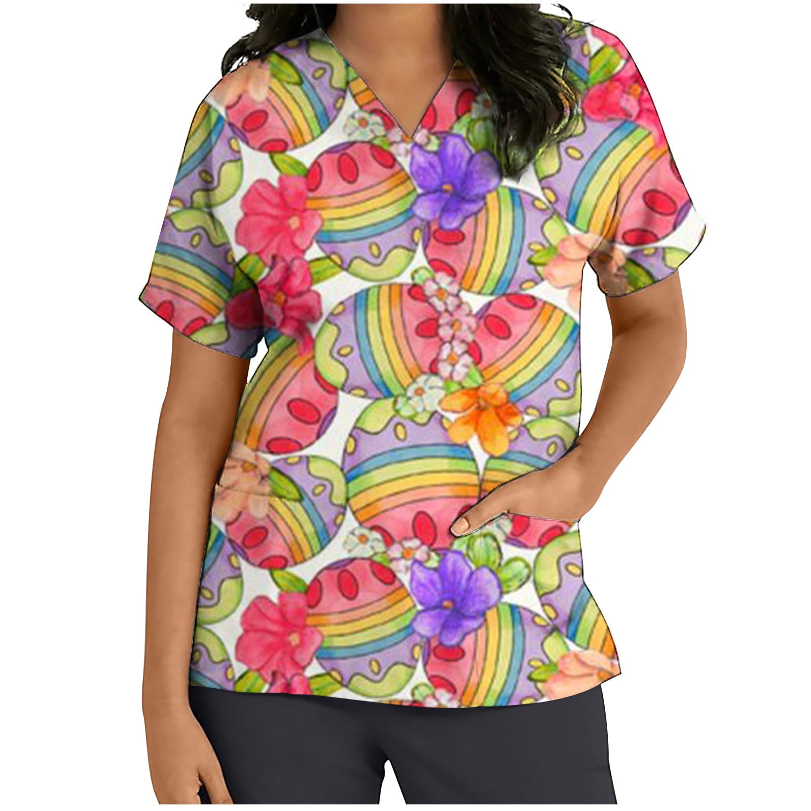 symoid Easter Shirts for Women- Casual Printed V-Neck Short Sleeve Pullover  Womens Tops Blouses Pink 