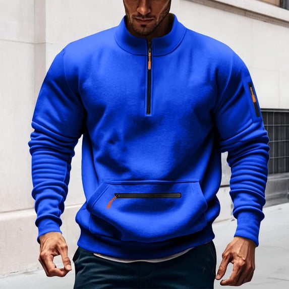 SYMOID Big & Tall Men’s Quarter Zip Sweatshirt 100% Polyester - Slim Fit with Zippered Pockets, Stand-Up Collar, Blue, Size 3XL