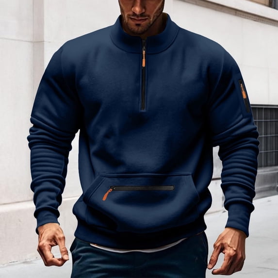 SYMOID Men's Quarter Zip Pullover Sweatshirt - Slim Fit, 100% Polyester, Navy, Size L - With Zippered Kangaroo & Arm Pockets, Stand-Up Collar for Spring/Fall/Outdoor