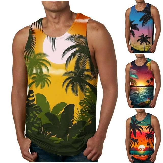 symoid Graphic Tank Tops for Men- Beach Summer Hawaiian Casual Yellow ...