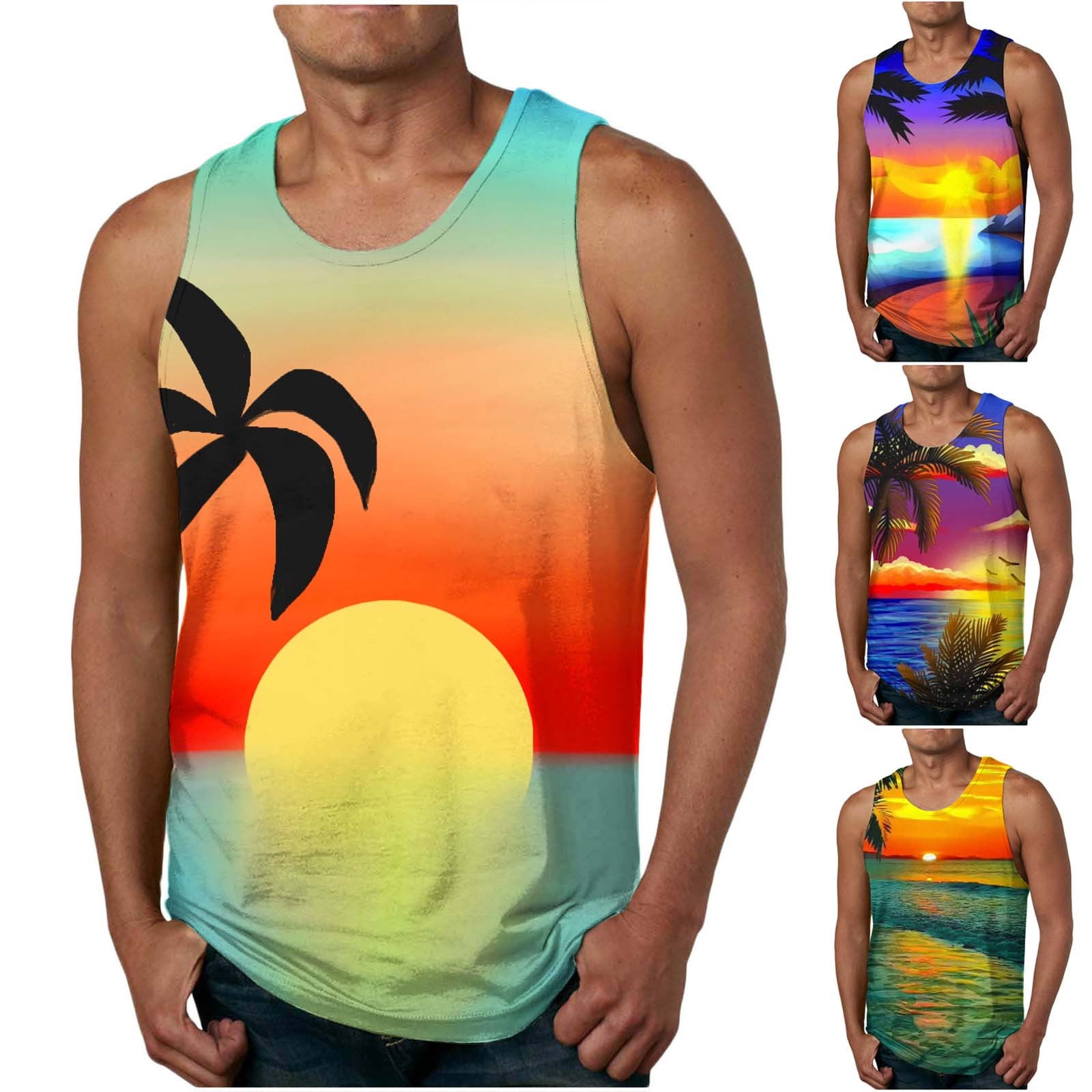 symoid Graphic Tank Tops for Men- Hawaiian Beach Summer Casual Green ...