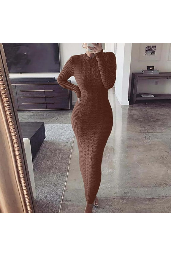 Long Dresses for Women- Fashion O-neck Solid Hemp Flowers Knitting Long Sleeves Dress Brown XXXL
