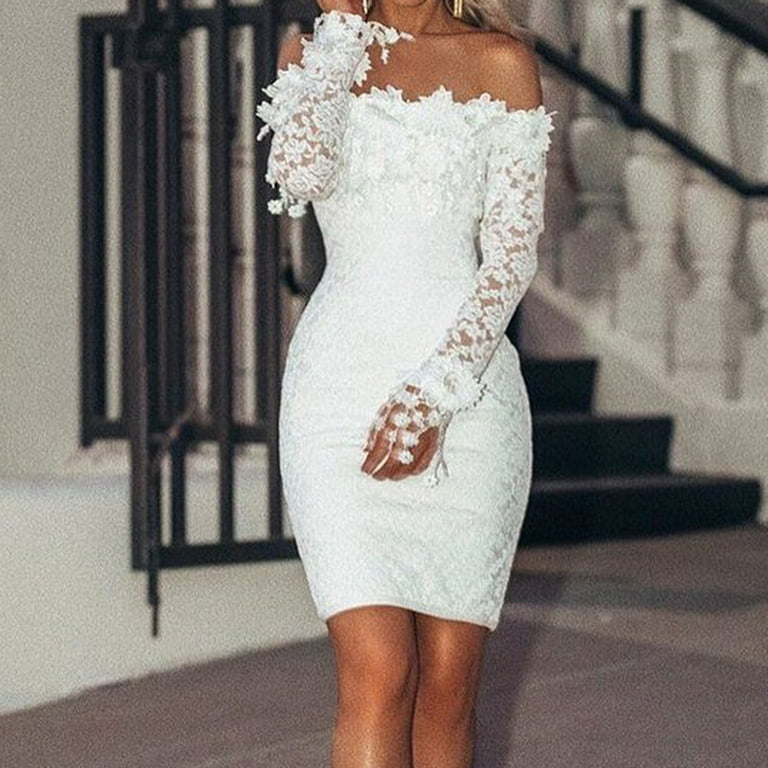 symoid Long Dresses for Women- Sexy Lace Solid Slash Neck Off Shoulder  Cocktail Party Elegant Dress White XL 