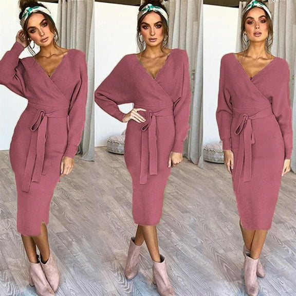 symoid Maxi Dress for Women- Fashion Knitted Long Sleeve V-Neck Hip Wrap Warm Sweater Dress Pink XL