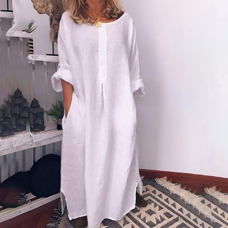 symoid Maxi Dress for Women- Fashion Summer Casual Full Sleeve O-Neck Solid  Linen Long Dress White XXL 