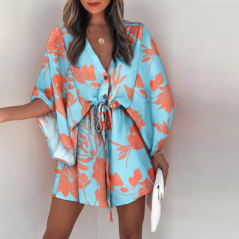 symoid Maxi Dress for Women- Summer Casual Button Front Printed V-Neck  Loose Half Sleeve Drawstring Dresses Light Blue XL - Walmart.com