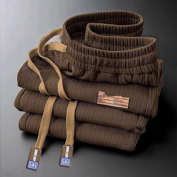 SYMOID Men’s Coffee Casual Pants Size L - 100% Polyester Relaxed Fit Straight Leg, Wrinkle Resistant Breathable for Everyday Wear