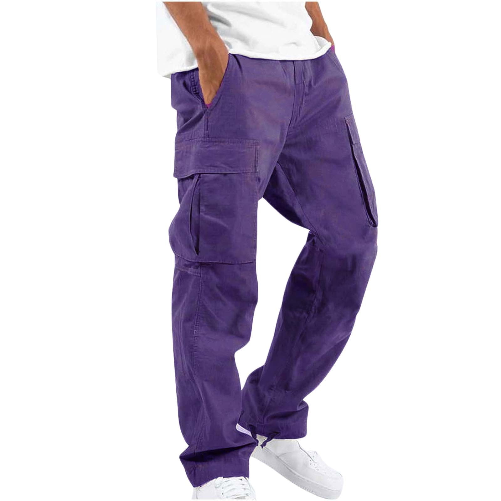 symoid Men Cargo Pants- Solid Casual Multiple Pockets Outdoor Straight Type  Fitness Pants Cargo Pants Trousers Purple