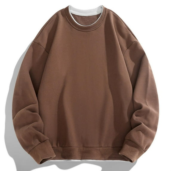 SYMOID Men's Oversized Sweatshirt - 100% Polyester with Simulated Two-Piece Design & Contrast Trim, Coffee, Size 2XL, Machine Washable, Long Sleeve Crew Neck
