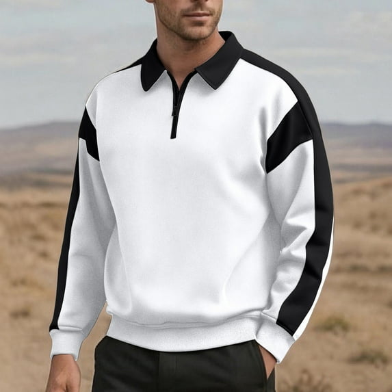 SYMOID Men's 100% Polyester Half Zip Pullover - White, Size L, Polo Collar Color Block Design, Relaxed Fit Easy Care Casual Top