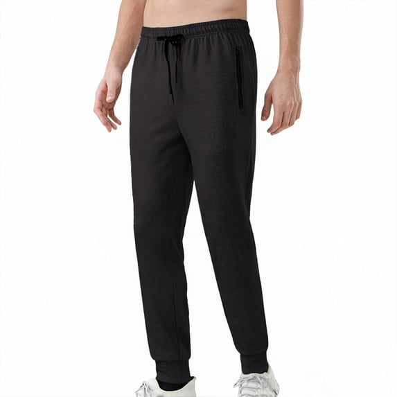 SYMOID Men's 100% Polyester Jogger Pants with Side Zip Pockets, Elastic Waist & Drawstring, Cuffed Ankles - Black, Size L
