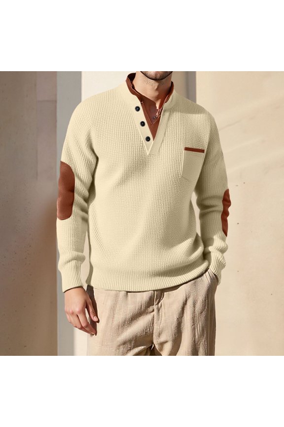 Men's Beige Size S Henley Sweater - Soft Stretch Polyester-Rayon Blend with Elbow Patches, Chest Pocket & Ribbed Cuffs for Daily Casual & Layering