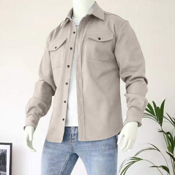 Fnnxeal Mens Cotton Jackets Long Sleeves Shirts Windbreaker Lightweight Shirts Coat with Pockets Outdoor Fall Winter Casual Beige Jackets for Men Size L