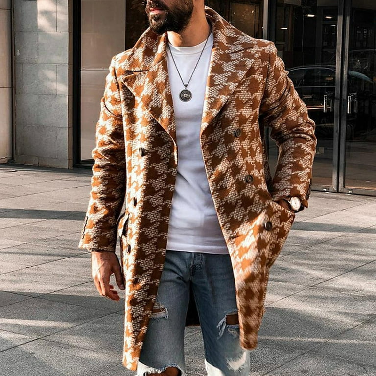 symoid Mens Blazer Coats & Jackets- Winter Mid-length Suit Collar  Double-breasted Fashion Printed Overcoat Jacket Orange S