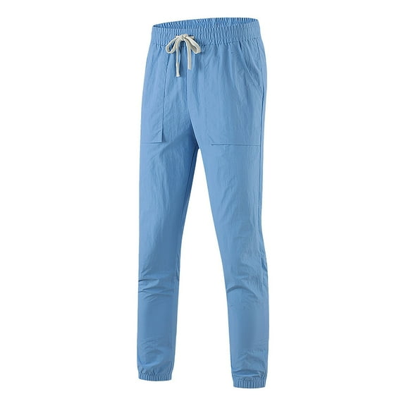 SYMOID Men's Casual Long Pants 100% Polyester - Lightweight Breathable, Elastic Waist Cuffed Ankle, Functional Pockets, Size XL, Blue