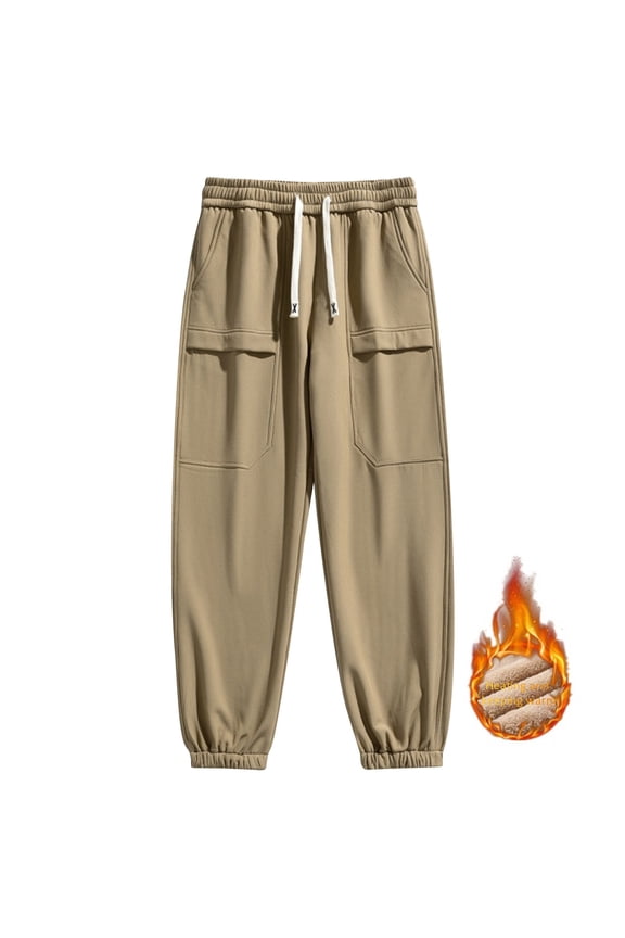 GUZOM Men's 2XL Khaki Jogger Pants Thermal Fleece Lined,Relaxed Fit,Elastic Waist with Drawstring,Functional Pockets for Cool Weather