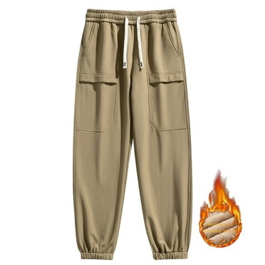 SYMOID Men's 2XL Khaki Jogger Pants - Thermal Fleece Lined, Relaxed Fit, Elastic Waist with Drawstring, Functional Pockets for Cool Weather