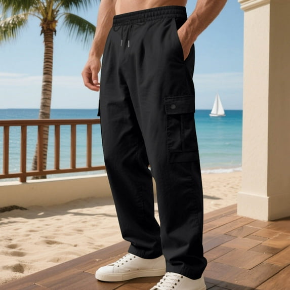 SYMOID Big & Tall Men's Cargo Pants, 100% Polyester Relaxed Fit with Drawstring Waist & Multi-Pocket, Machine-Washable for Casual/Outdoor, Size 3XL, Black