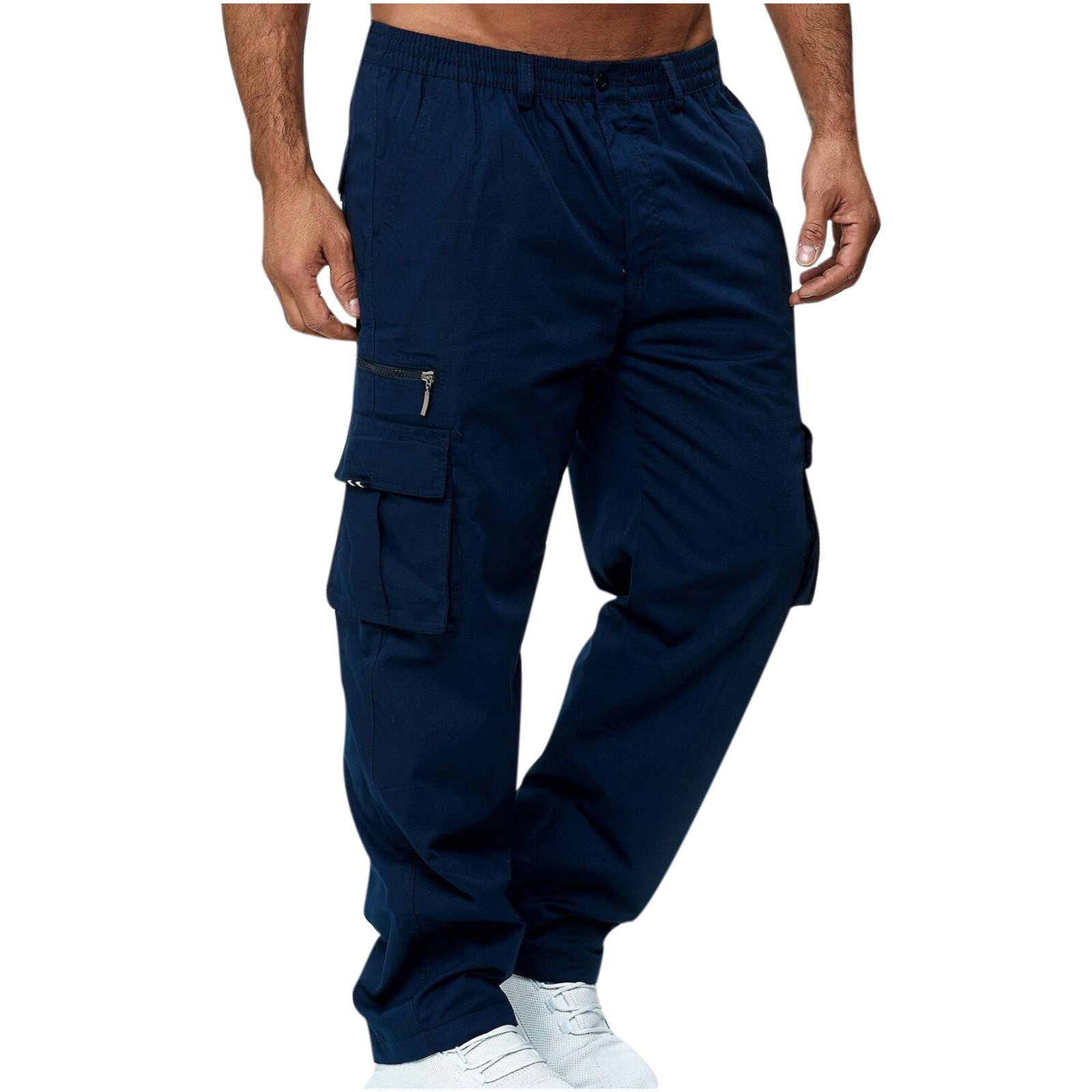 symoid Mens Cargo Pants- Solid Casual Multiple Pockets Outdoor Straight  Type Fitness Pants Cargo Pants Trousers Navy L